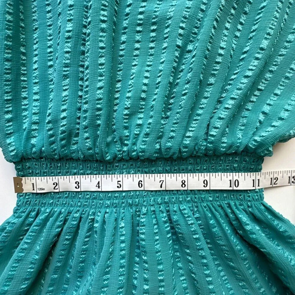 Ramy Brook Textured Mini Smocked Drop Waist Long Sleeve V-neck Dress Teal Size M - Picture 9 of 11